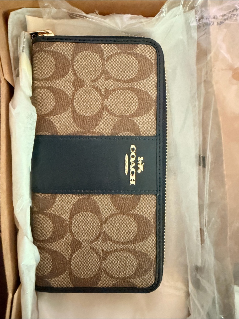 Coach Brown Signature Zip-Around Wallet with Black Leather Trim
